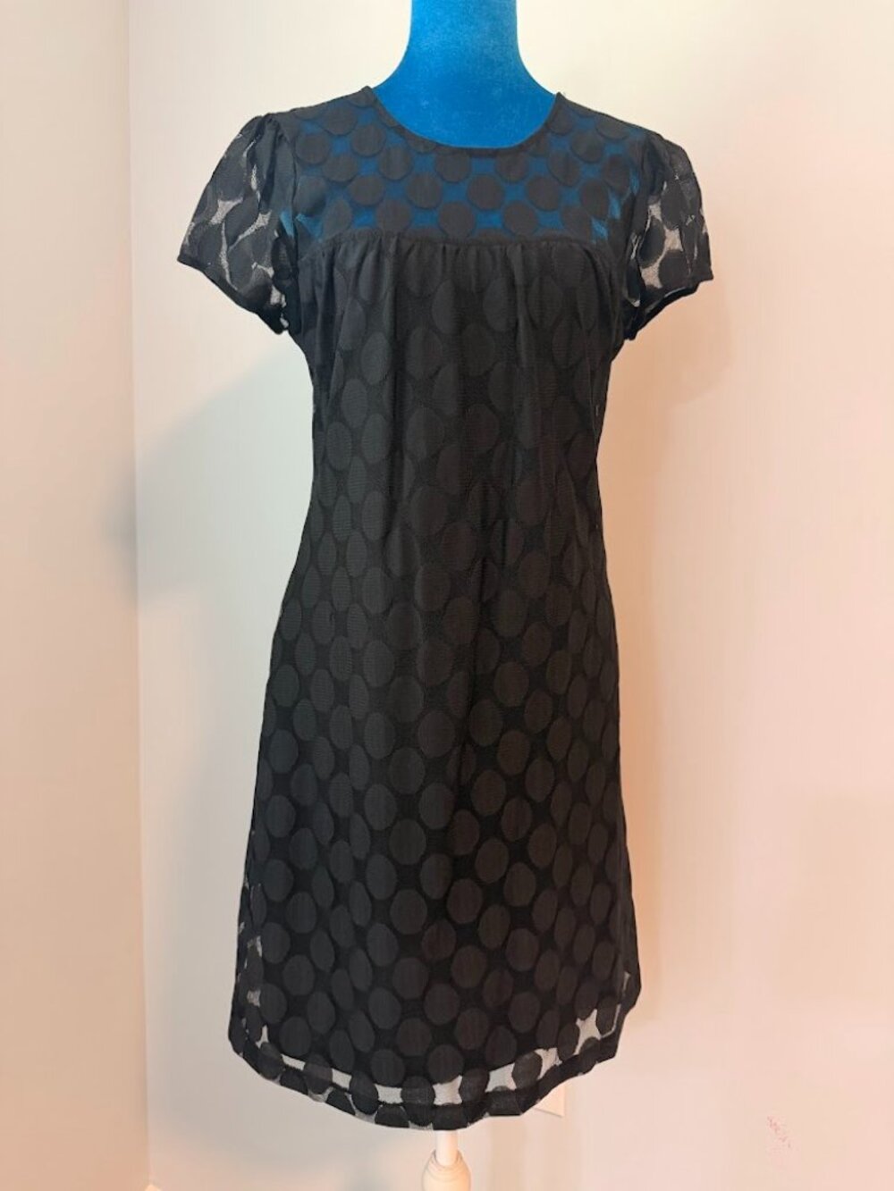 INC Black Polka Dot Dress Sheer Neckline & Sleeves Keyhole Back Size M